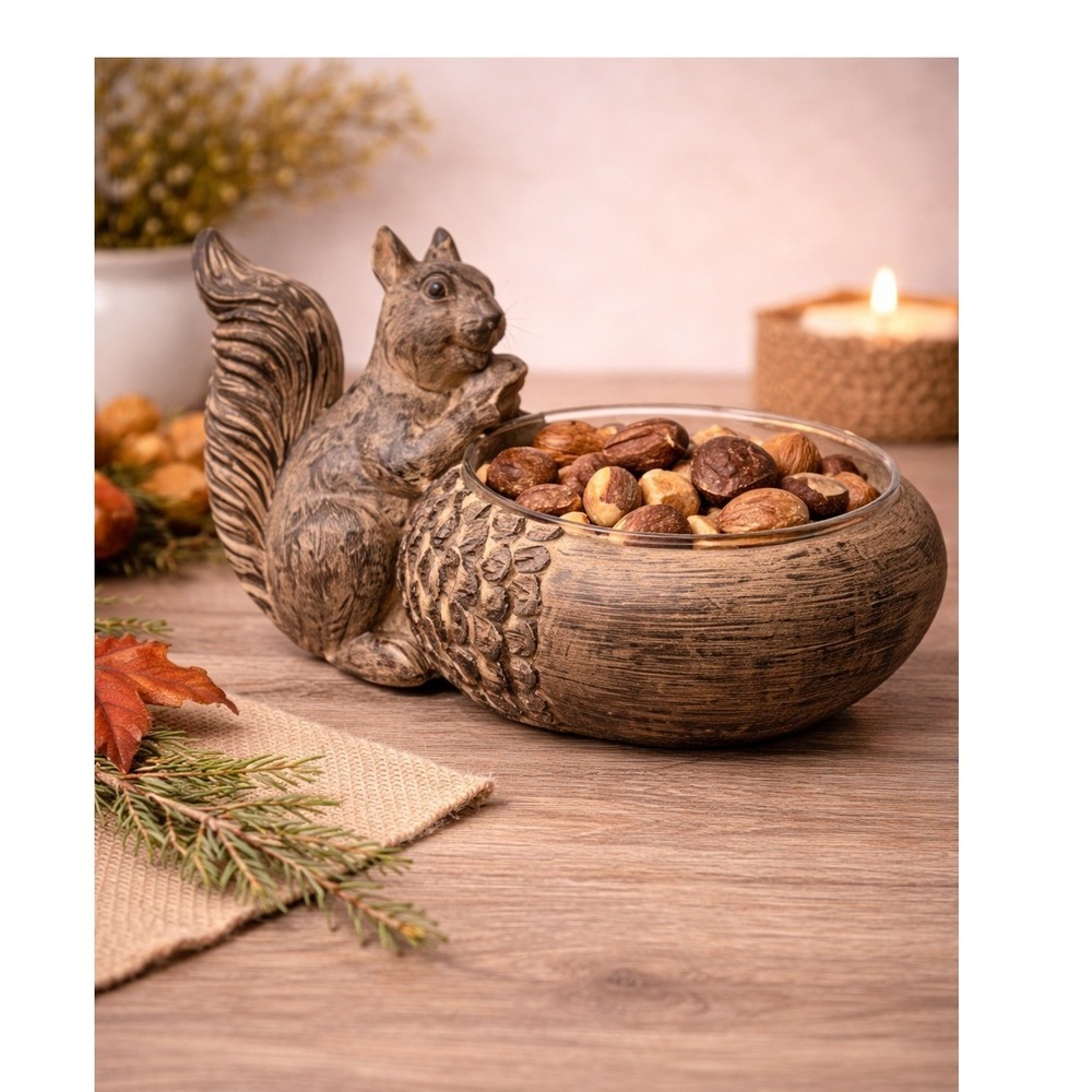 Grandin Road Squirrel Gathering Bowl Wood Glass Candy Nut Dish RARE Decor w Box